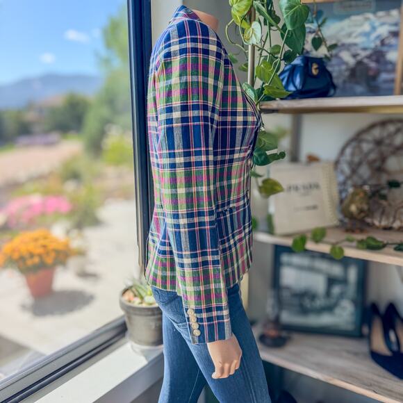 Ralph Lauren Plaid Jacket, Blue Label 100% Cotton w Shoulder Pads, Womens Size 2 - Picture 8 of 10